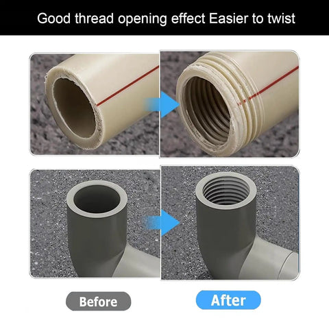 Comparison of PVC pipe threading before and after using the 2 Piece Pipe Threader Kit With One Half And Three Quarter Inch Dies Electric Drill Compatible Internal External Threading Tool For PVC Copper Fittings Home Repair Plumbing DIY Projects.