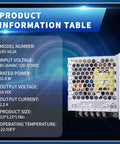 Compact 50W 24V Enclosed AC-DC Power Supply, 2.2A Output, 1U Low-Profile, Only 30mm Tall, Global 85-264VAC Input, Built-To-Last Rugged Metal Enclosure for Control Cabinets, Industrial Automation, and Appliance Use with specs table