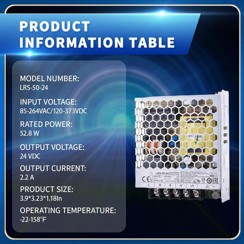 Compact 50W 24V Enclosed AC-DC Power Supply, 2.2A Output, 1U Low-Profile, Only 30mm Tall, Global 85-264VAC Input, Built-To-Last Rugged Metal Enclosure for Control Cabinets, Industrial Automation, and Appliance Use with specs table