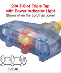 Heavy Duty Generator Adapter For 20 Amp T Blade Plug To T Slot With Power Indicator Light shown with glowing light