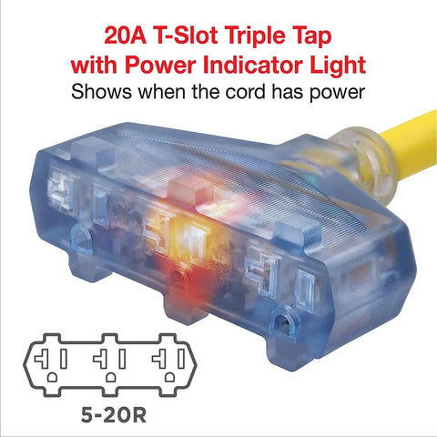 Heavy Duty Generator Adapter For 20 Amp T Blade Plug To T Slot With Power Indicator Light shown with glowing light