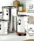 Straight Up Heavy Duty 304 Stainless Steel Beverage Dispenser With Easy Flow Spigot, Airtight Food Storage Container For Liquids And Bulk Grains on kitchen counter.
