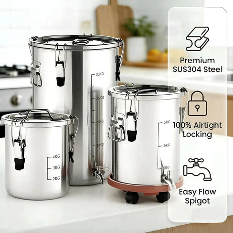 Straight Up Heavy Duty 304 Stainless Steel Beverage Dispenser With Easy Flow Spigot, Airtight Food Storage Container For Liquids And Bulk Grains on kitchen counter.