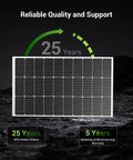 100W 12V Monocrystalline Solar Panel With Solar Connectors For Battery Charging On Boats, RVs, Caravans And Off Grid Adventures, High Efficiency Module That Delivers Reliable Power On The Go, featuring 25-year warranty graphics