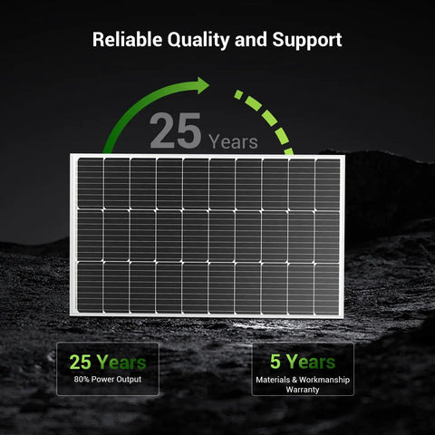 100W 12V Monocrystalline Solar Panel With Solar Connectors For Battery Charging On Boats, RVs, Caravans And Off Grid Adventures, High Efficiency Module That Delivers Reliable Power On The Go, featuring 25-year warranty graphics