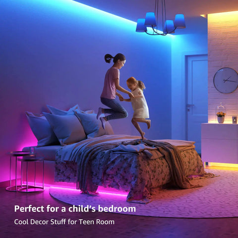 Room with 65.6 Foot Ultra Long RGB LED Strip Lights With Remote Control, glows in pink and blue, ideal for a child's lit bedroom vibe