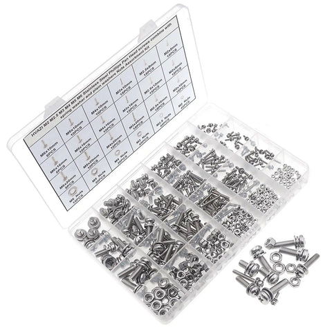 Built Different Heavy Duty 304 Stainless Steel Metric Fastener Assortment Kit Covering M2 Through M6 Phillips Pan Head Combination Screws Matching Hex Nuts in a clear organizer.