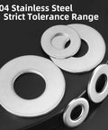 Flat washers, 304 stainless steel, five pieces in varied outer diameters, top view.