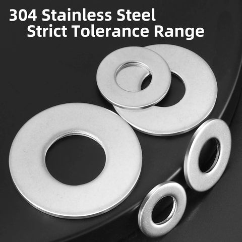 Flat washers, 304 stainless steel, five pieces in varied outer diameters, top view.