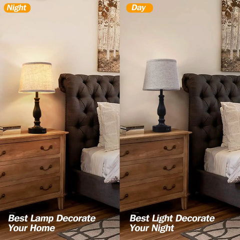 Cool Set Of 2 Table Lamps With USB Ports, Dimmable Touch Control, Linen Fabric Lampshades in bedroom day and night comparison