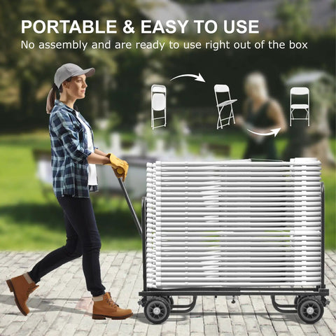 Person transporting White Plastic Folding Chairs 2 Pack For Indoor And Outdoor Use 350 Pound Capacity Lightweight Portable Event