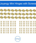 Built Tough 30 Pack Mini Butt Hinges With Screws, 13X12Mm Bright Gold Plated Steel Hardware For Crafting And Decorative Wooden Boxes, Nifty Compact Specs That Work Straight Up, showing gold mini hinges and screws.