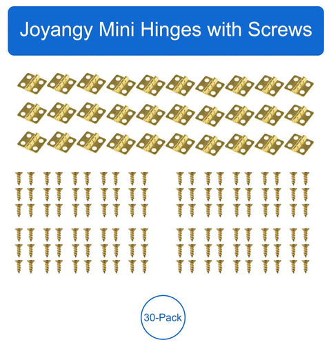 Built Tough 30 Pack Mini Butt Hinges With Screws, 13X12Mm Bright Gold Plated Steel Hardware For Crafting And Decorative Wooden Boxes, Nifty Compact Specs That Work Straight Up, showing gold mini hinges and screws.