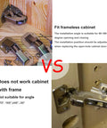 Soft Close Cabinet Hinge Set With 32 Stainless Screws, 90 Degree Concealed Kitchen Hinges For Cupboards And Wooden Doors, Easy Install, Durable Cold Steel, Satin Nickel Finish, Rust Resistant, 50K Plus Uses, No Hassle shown installed in frameless cabinet and compared to framed cabinet.