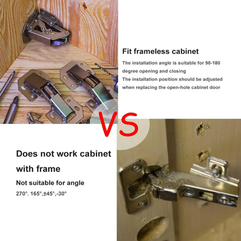 Soft Close Cabinet Hinge Set With 32 Stainless Screws, 90 Degree Concealed Kitchen Hinges For Cupboards And Wooden Doors, Easy Install, Durable Cold Steel, Satin Nickel Finish, Rust Resistant, 50K Plus Uses, No Hassle shown installed in frameless cabinet and compared to framed cabinet.