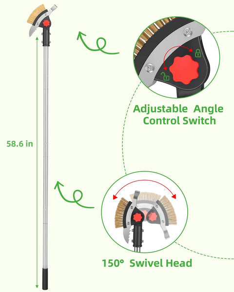 3 In 1 Long Reach Weeder With Stainless Steel Brush And Dual Scrapers, 58.6 Inch Adjustable Handle For Driveways Sidewalks And Lawns, Easily Pull Weeds Moss And Dirt Without Bending Your Back. 58.6 in handle and 150° swivel head