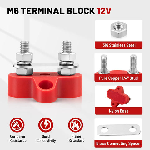 Heavy Duty 12 Volt 100 Amp Power Distribution Block With Dual Quarter Inch M6 Stud Busbar crafted rugged 12V terminal block with red nylon base and stainless steel studs.
