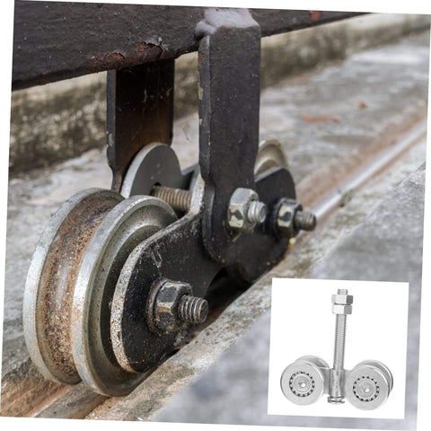Close-up of Heavy Duty Sliding Door Wheel Set With Steel Track Roller For Barn Doors And Wardrobes installed on rail