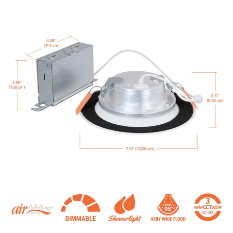 Six Inch Canless LED Recessed Light Dimmable 3000K 4000K 5000K CCT 800 Lumens with dimension details