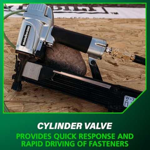 Half Inch Crown Stapler For Insulation Sheathing And Subfloor Install 16 Gauge Nailer with Fast Cylinder Valve on Wood Surface