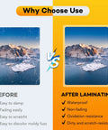 Comparison of laminated versus unlaminated images, showcasing durability of Hella Durable Thermal Laminating Pouches 300 Pack 3 Mil.