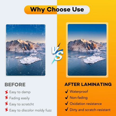 Comparison of laminated versus unlaminated images, showcasing durability of Hella Durable Thermal Laminating Pouches 300 Pack 3 Mil.