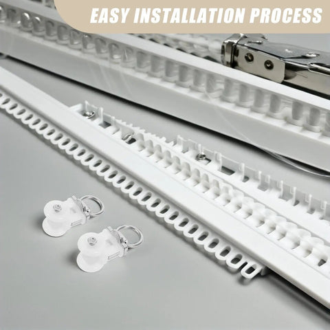 Close-up of 30 Pack Double Wheel Curtain Track Rollers With Rock Solid Alloy Plastic Pulleys and installation tracks.