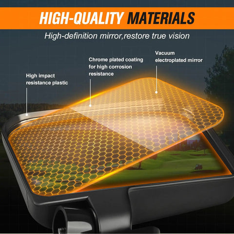 Top Shelf Heavy Duty Golf Cart Side Mirrors showing high-definition mirror, chrome coating, and high impact resistant material.