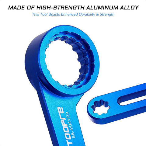 Close-up of Six In One Bike Bottom Bracket Tool for 12 and 16 notch external cups, aluminum alloy, blue color, 23.2 cm lever