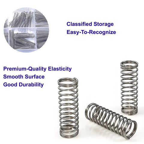 Close-up of 240-Piece Small Compression Springs Assortment Kit With 15 Different Sizes In 304 Stainless Steel, silver finish
