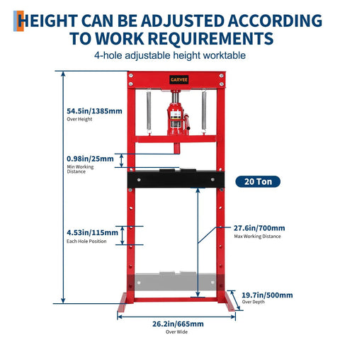 Built Tough 20 Ton Hydraulic H Frame Shop Press For Industrial Grade Stability And Floor Use Reinforced Carbon Steel Construction With Powder Coated Finish For Durability And Corrosion Resistance. Adjustable height chart with 20-ton red H-frame press