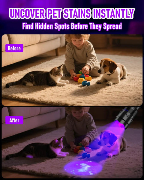 Handheld UV Flashlight Blacklight 395 405 Nm Led For Curing UV Glue Leak Detection And Pet Urine Stain Finder showing urine stains