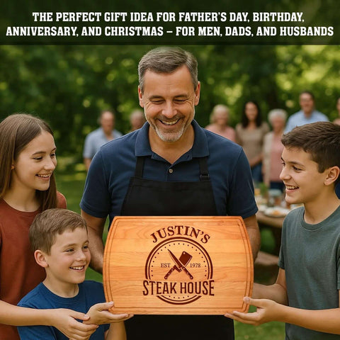 Front view: Barrel-shaped wooden cutting board, personalized with JUSTIN'S STEAK HOUSE, held by a man.
