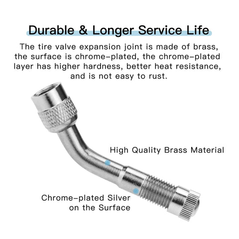 High quality chrome-plated brass valve stem extender with 45 degree angle for Schrader tires, dual wheels on cars, RVs, trailers.