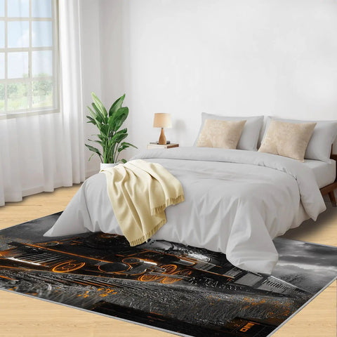 Bedroom with Train Junkie 4x5 Rug For Bedroom And Living Room, Steam Locomotive Design, low pile soft indoor carpet, under bed