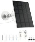Outdoor Solar Panel Charger For Security Cameras, 3W USB C And Micro USB Ports, wall-mounted with cables and screws.