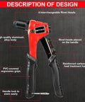Pop Rivet Gun Kit With 200 Blind Rivets, showing aluminum alloy body, ergonomic grips, and interchangeable rivet heads.