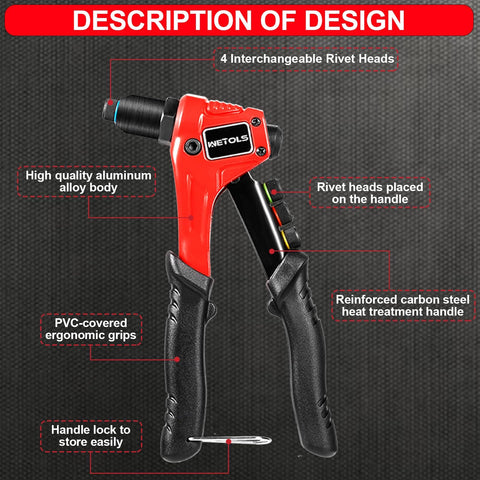 Pop Rivet Gun Kit With 200 Blind Rivets, showing aluminum alloy body, ergonomic grips, and interchangeable rivet heads.