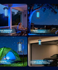 Collage of Outdoor Bug Zapper With Dual Lure 365Nm UV Light And 36C Body Heat CO2 Mimic used in different settings like patio and farm.