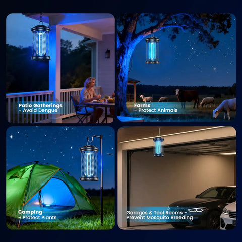 Collage of Outdoor Bug Zapper With Dual Lure 365Nm UV Light And 36C Body Heat CO2 Mimic used in different settings like patio and farm.