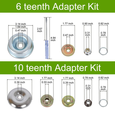 Dimensions and components of 6 and 10 teeth adapter kits for Heavy Duty 9 Inch Brush Cutter Blade Kit With 20 Teeth Metal Blades
