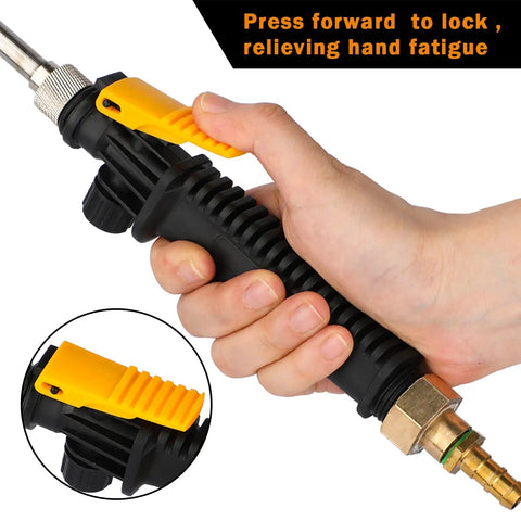 Hand holding Pro Grade 44 Inch Sprayer Wand with Stainless Steel Build, featuring adjustable grip and brass barbs, close-up view.