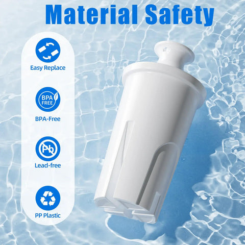 Three Pack Replacement Filter Cartridges For Pitchers And Dispensers With Multi Stage Filtration Coconut Shell Activated Carbon And Ion Exchange Resin That Keeps Your H2O Fresh And Tasty Lasts About Two Months Or 40 Gallons shown with BPA-free and lead-free icons on water background