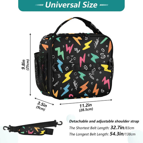 Colorful Lightning Bolts Insulated Lunch Bag With Shoulder Straps For Office School Travel For Kids And Adults This Portable Cooler Tote Has A Spacious Main Compartment And Side Mesh Pockets For Drinks Snacks And Lunch On The Go. black polyester lunch tote, 11.2 x 9.8 x 3.5 in, with adjustable strap