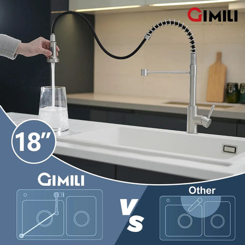 Pull Down Kitchen Faucet With Sprayer Single Hole Stainless Steel Sink Tap Built For Farmhouses RVs Laundry Rooms Outdoor Living And Campers Brushed Nickel Finish, close-up view.