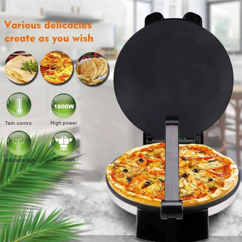 10 Inch Electric Tortilla Maker With Nonstick Surface And Adjustable Temperature, Compact Flatbread Press For Homemade Tortillas And Chapatis, Easy To Use And Clean, No Fuss Cooking For Soft Or Crispy Flatbreads with pizza inside.