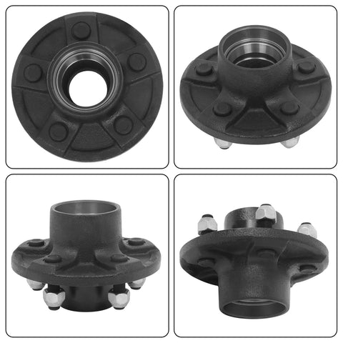 Trailer hub front view in black cast iron with bearing bore.
Trailer hub side view, black cast iron flange with inner bearing race.
Angled view of trailer hub showing round flange with bolt studs around perimeter.
End view of trailer hub with axle bore and mounting studs on top surface.