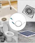 Heavy Duty 6 Ft Stainless Steel Drain Auger Snake To Bust Up Tough Hair Clogs In Toilet Kitchen Sink Shower Bathtub shown with fixtures.