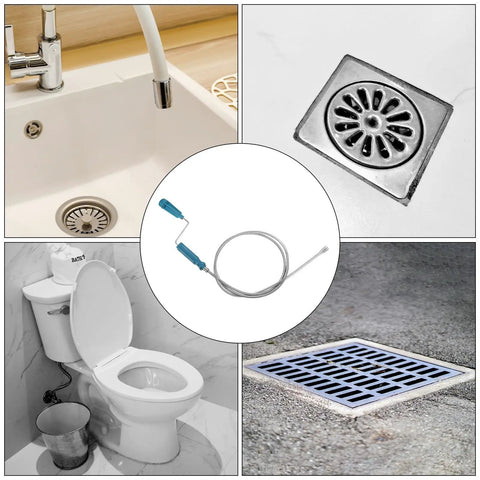 Heavy Duty 6 Ft Stainless Steel Drain Auger Snake To Bust Up Tough Hair Clogs In Toilet Kitchen Sink Shower Bathtub shown with fixtures.
