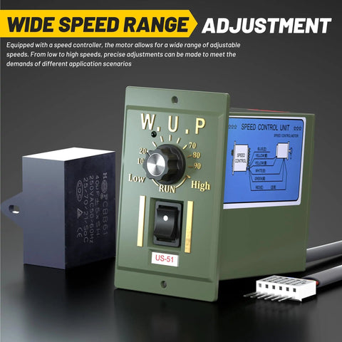 Beefy 110V AC Gearmotor Kit With Speed Controller And Gearbox For Heavy Duty Machinery DIY Projects 0 To 135 RPM Reversible Geared Motor 16.1 Nm Torque Industrial Grade With Control Box Included showing speed control unit and control box